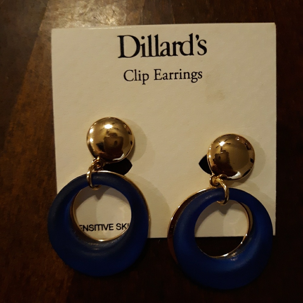 New Dillards Gold Tone Blue Metallic Clip Earrings